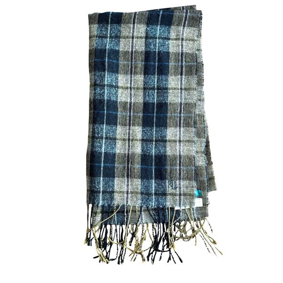 Lauren Ralph Lauren unisex scarf Mohair wool blend woven black brown plaid - Picture 2 of 7